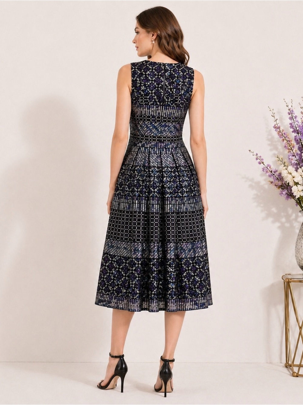 BCBGMAXAZRIA Metallic Embroidered Midi Dress ✨ Pleated V-Neck Cocktail Party XS - Picture 2 of 10